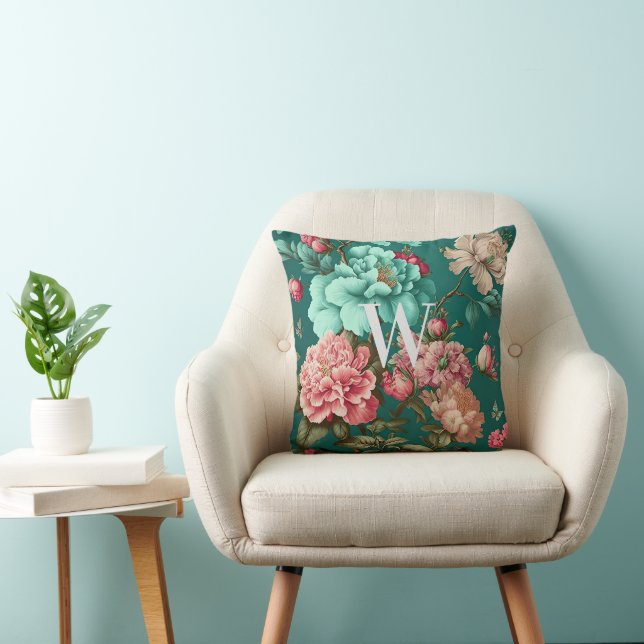 Coussin Monogramme romantique classique Turquoise et rose  (Chaise)