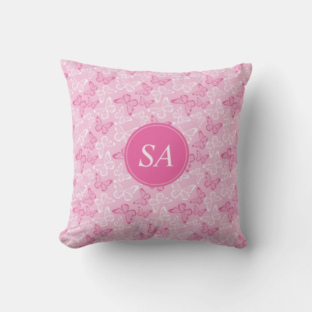 Coussin Monogramme Romantique Papillons rose et blanc (Recto)