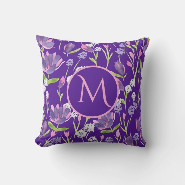 Coussin Monogramme Romantique violet rose feminine floral (Recto)