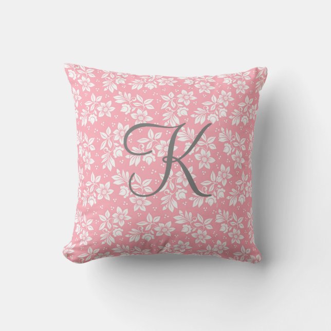 Coussin Monogramme Rose Blanc Gris Floral Botanique (Recto)
