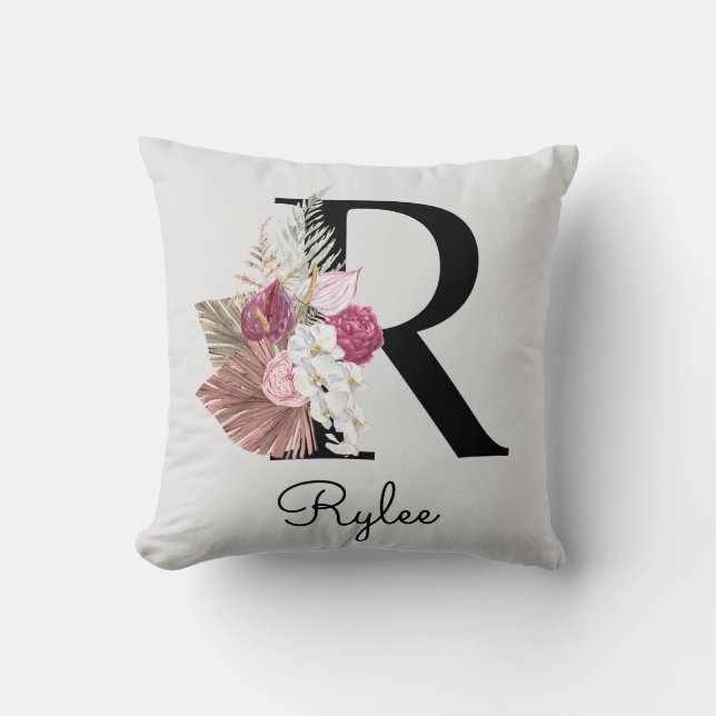 Coussin Monogramme Rose Boho Féminin Floral Initiale R (Recto)
