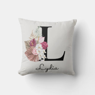 Coussin Monogramme Rose Boho Floral Initial L