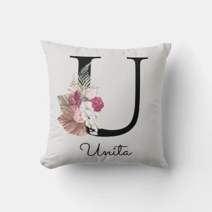Coussin Monogramme rose boho girly floral initial U