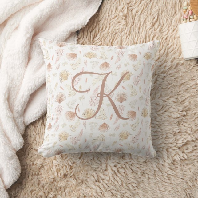 Coussin Monogramme Rose botanique initial Or Tan Neutral (Couverture)