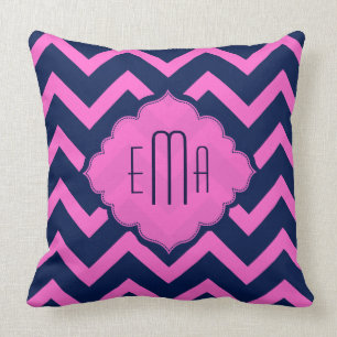 Coussin Monogramme rose et bleu Zigzag Chevron