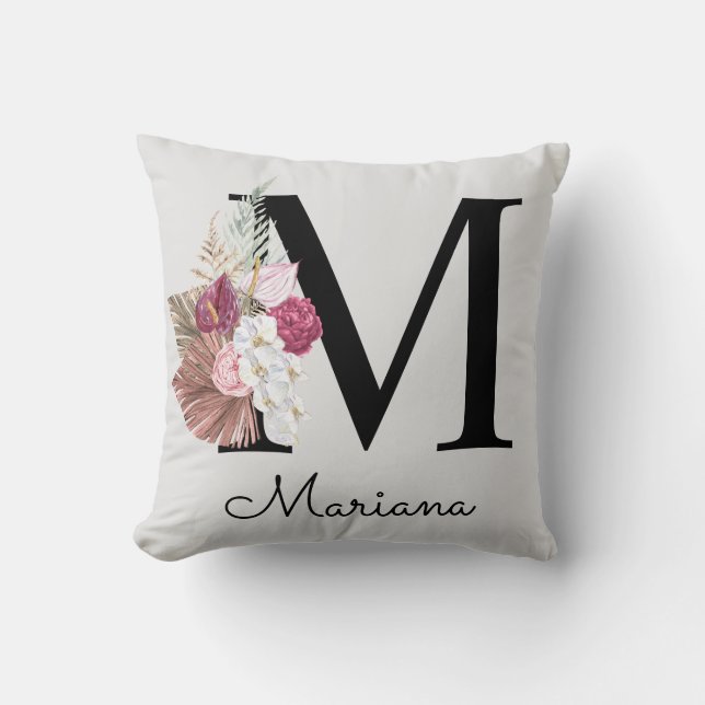 Coussin Monogramme Rose Fleurs Initiale M (Recto)