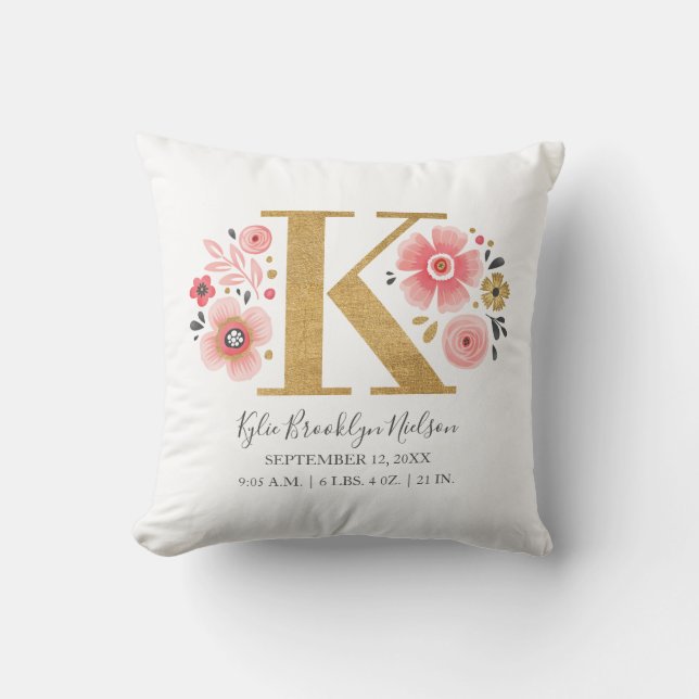 Coussin Monogramme rose Floral Lettre initiale K Statistiq (Recto)
