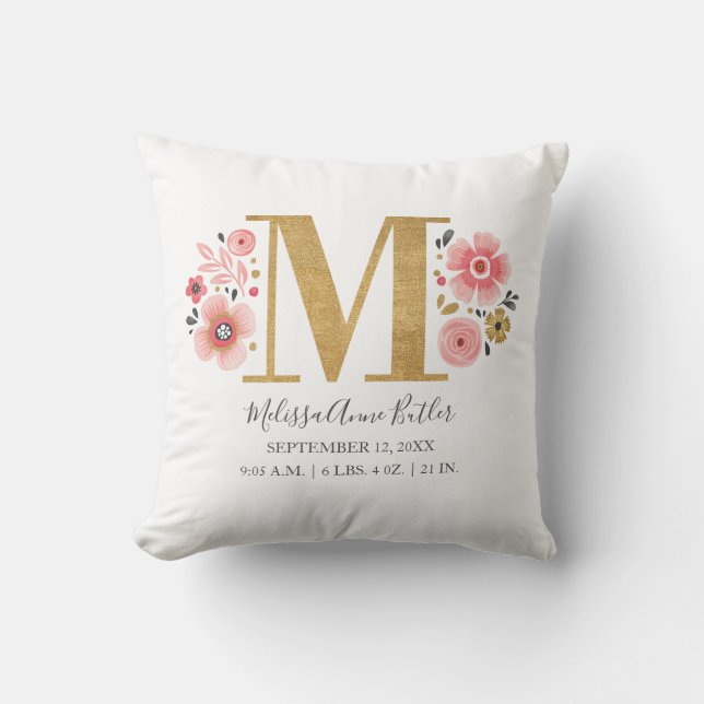 Coussin Monogramme rose Floral Lettre initiale M Statistiq (Recto)