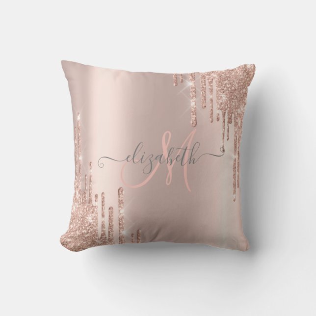 Coussin Monogramme Rose Gold à Gouttes Brillantes Modernes (Recto)