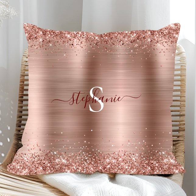 Coussin Monogramme Rose Gold Faux-Parties scintillant Girl (Monogram Rose Gold Glitter Girly Glam Throw Pillow)