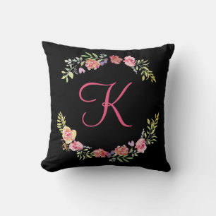 Coussin Monogramme Rose, Jaune et Vert Floral Aquarelle