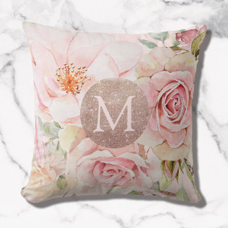 Coussin Monogramme Rose or bleu rose Aquarelle Florale