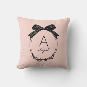 Coussin Monogramme Rose Pâle Écriture Moderne Ruban Noir F