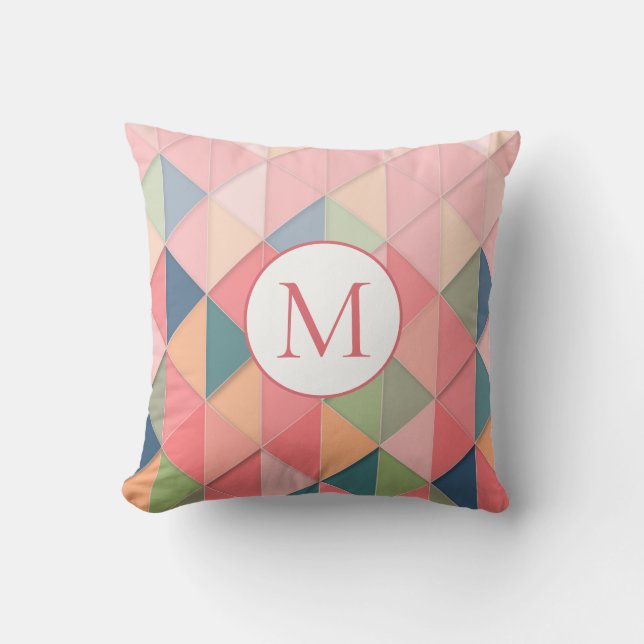 Coussin Monogramme rose pastel bleu vert motif géométrique (Recto)