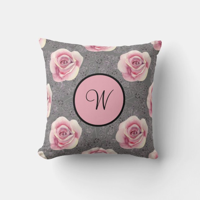 Coussin Monogramme rose Roses gris Arrière - plan (Recto)