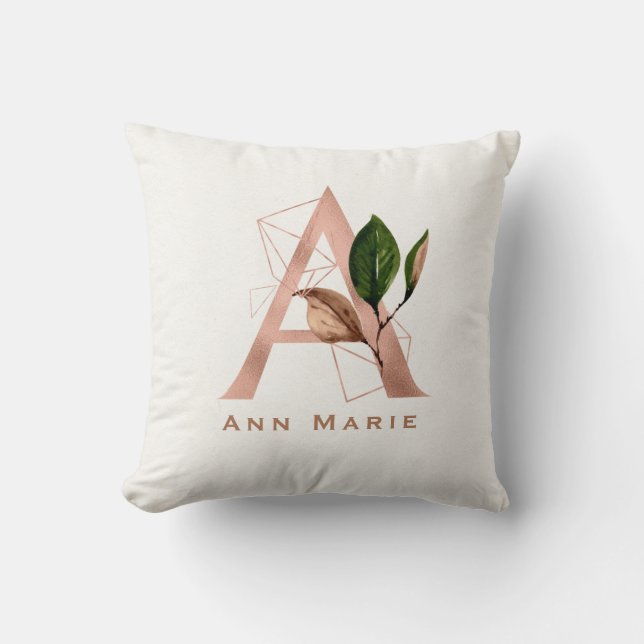 Coussin Monogramme Rose sur mesure Gold Floral Initial Rou (Recto)