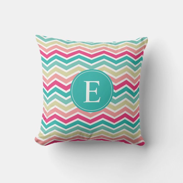 Coussin Monogramme rose Turquoise Chevron (Recto)