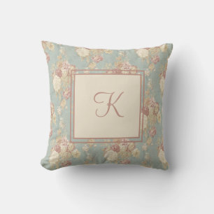 Coussin Monogramme Roses blancs et roses sur bleu
