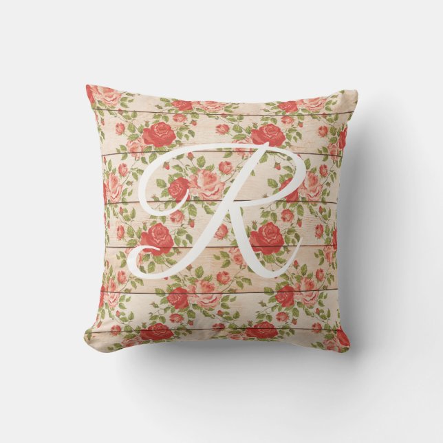 Coussin Monogramme Roses Vintage Rustique (Recto)
