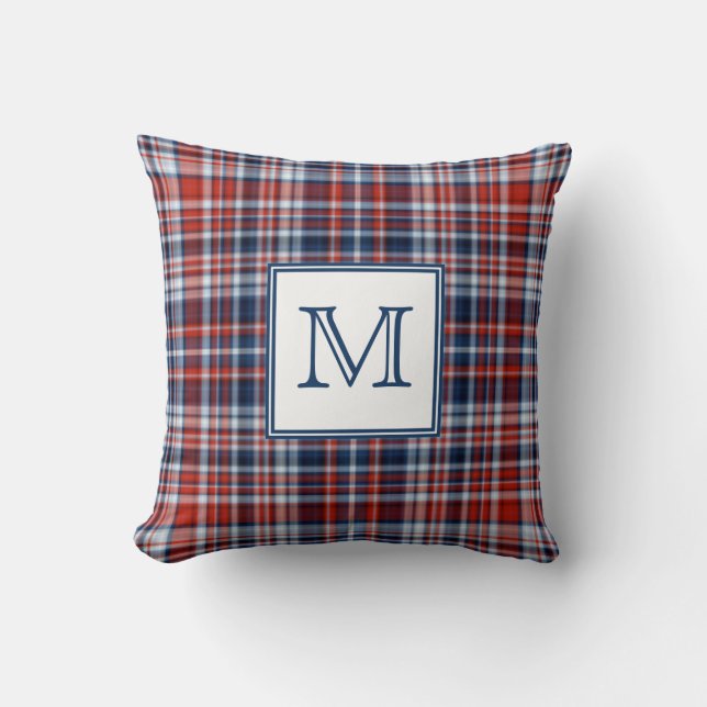 Coussin Monogramme rouge blanc et bleu plis (Recto)
