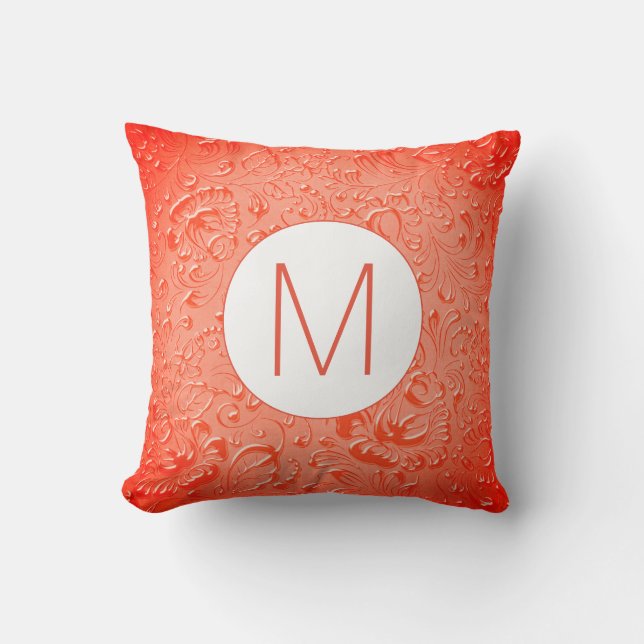 Coussin Monogramme rouge couleur bossée floral (Recto)
