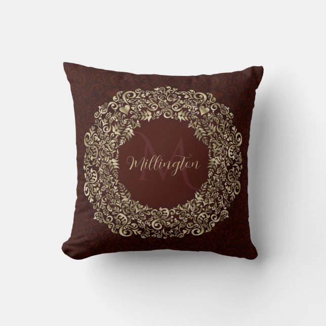 Coussin Monogramme rouge et or Damask (Recto)