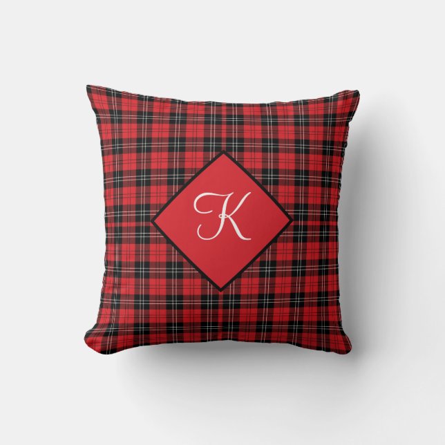 Coussin Monogramme Rouge Noir Blanc Tartan Buffalo Plaid (Recto)