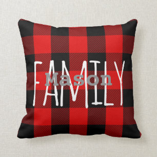 Coussin Monogramme rouge rustique de famille de plaid de