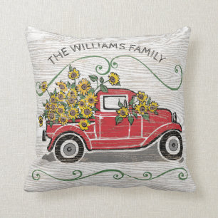 Coussin Monogramme rouge vintage rustique de tournesols de