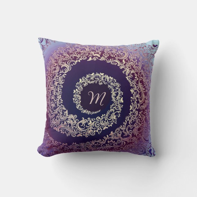 Coussin Monogramme Royal Purple & Gold Damask (Recto)