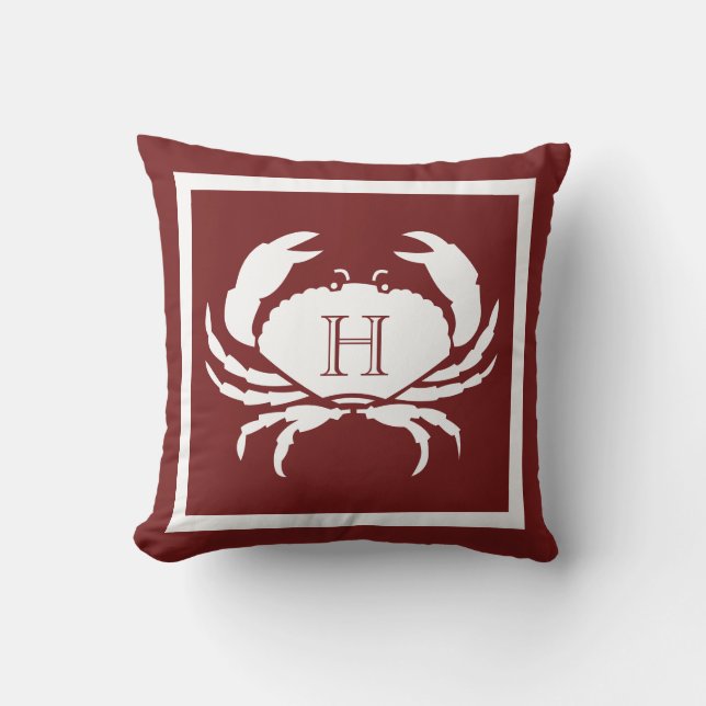 Coussin Monogramme Rust de marron rouge crabe blanc Nautiq (Recto)