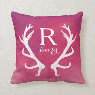 Coussin Monogramme Rustique Antlers Aquarelle rose vif