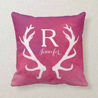 Coussin Monogramme Rustique Antlers Aquarelle rose vif
