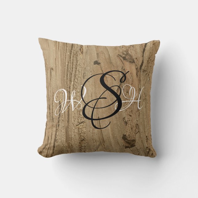 Coussin Monogramme rustique Brown Woodgrain Photo Nature (Recto)
