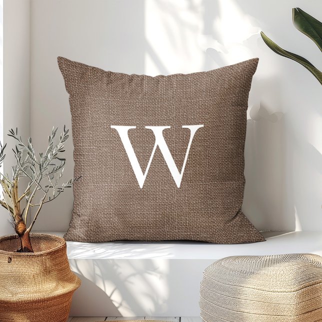 Coussin Monogramme Rustique Brun Foncé Fausse Toile de Jut (Créateur téléchargé)
