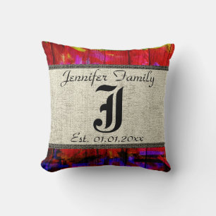 Coussin Monogramme Rustique Burlap Peinture Bois Look #4