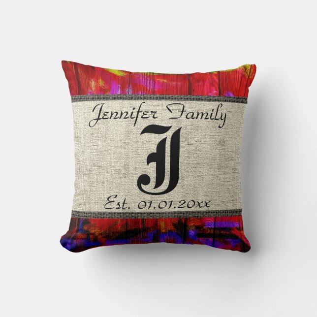 Coussin Monogramme Rustique Burlap Peinture Bois Look #4 (Recto)