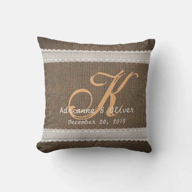 Coussin Monogramme rustique de mariage campagnard de (Recto)