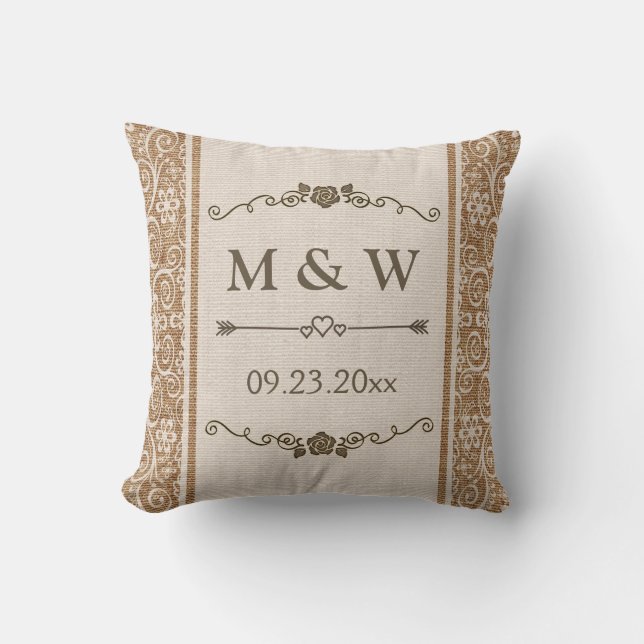 Coussin Monogramme rustique de mariage de dentelle de (Recto)
