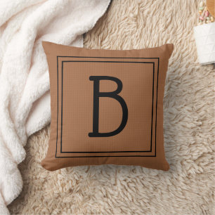 Coussin Monogramme rustique initial carré brun noir
