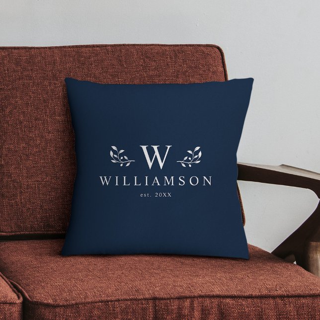 Coussin Monogramme Rustique moderne Personnalisé Nom de fa (Minimalist, simple, and stylish, this rich dark navy blue family pillow is a perfect wedding gift)