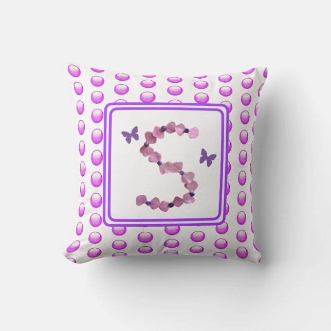 Coussin Monogramme S Rose Violet Fleurs Polka Point initia (Recto)
