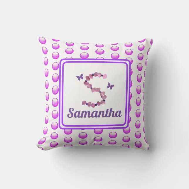 Coussin Monogramme S Rose Violet Fleurs Polka Point initia (Recto)