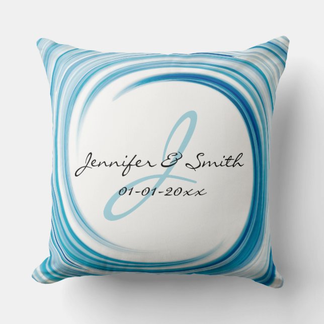 Coussin Monogramme Saphir bleu Swirl Art Abstrait (Recto)