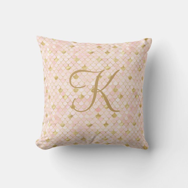 Coussin Monogramme Script Blush Pink Gold Mermaid Étapes (Recto)