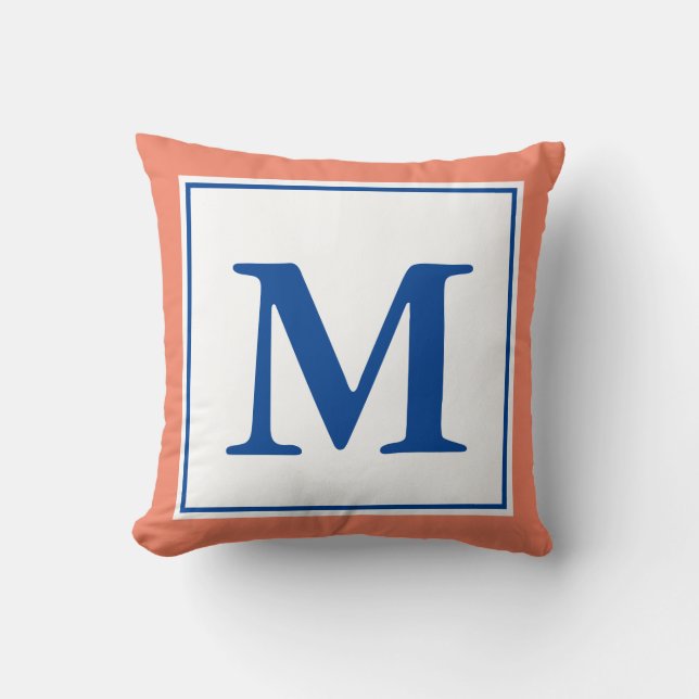 Coussin Monogramme simple Saumon et bleu profond (Recto)