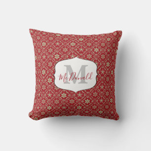 Coussin Monogramme Snowflake Elégant Rouge Personnalisé te