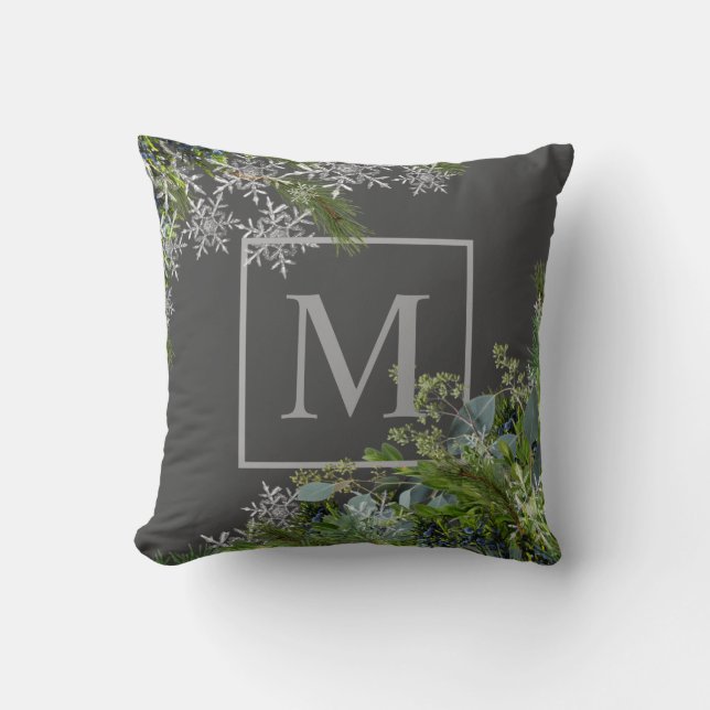 Coussin Monogramme Snowflakes & Winter Foliing Gris Coussi (Recto)
