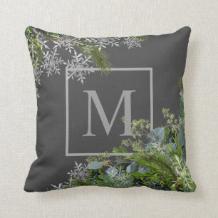 Coussin Monogramme Snowflakes & Winter Foliing Gris Coussi