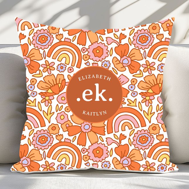 Coussin Monogramme super Retro Orange Florals (Créateur téléchargé)